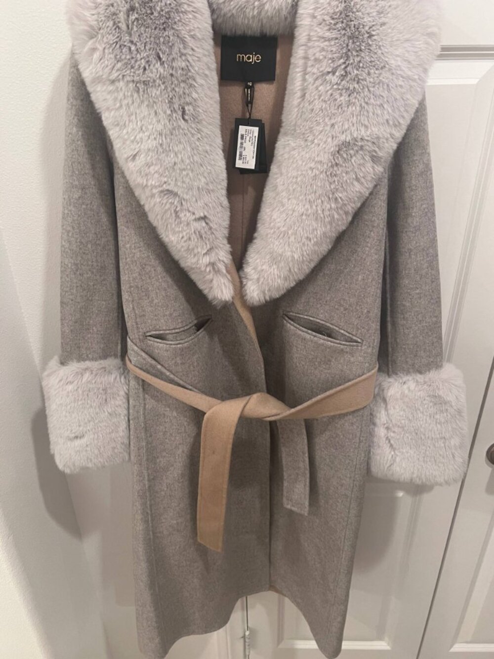 Maje Galaxyru Double Faced‎ Coat with Gray Fur- NWT Size 40